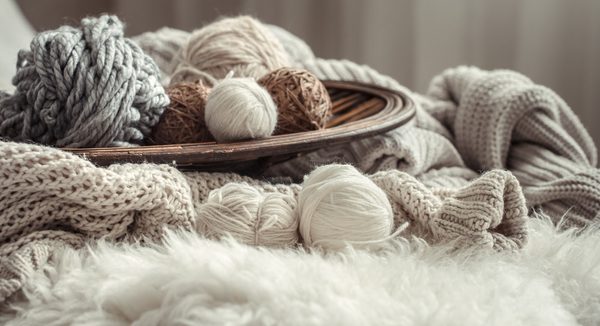 Pelotes de laine naturelle dans un panier